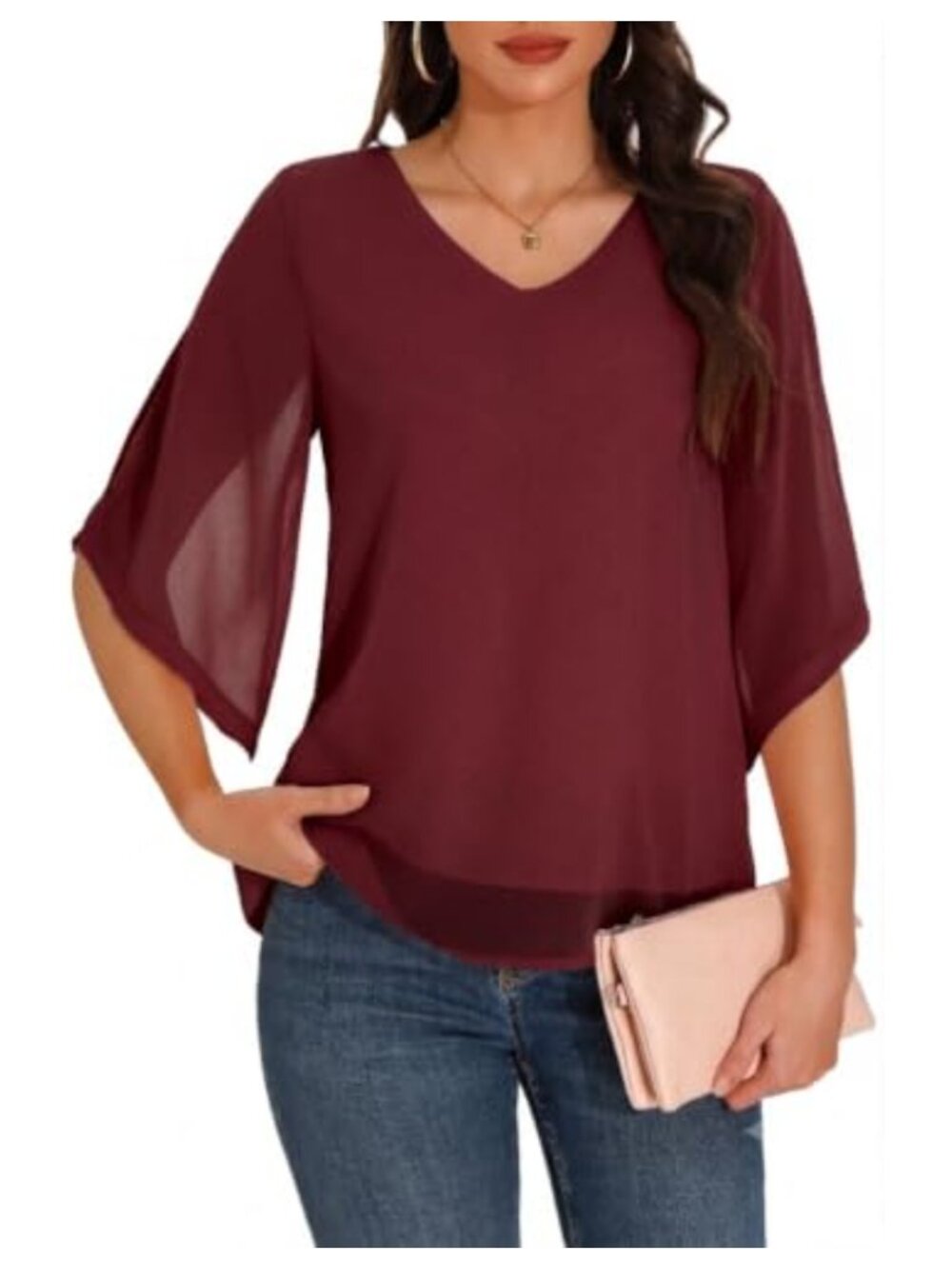 Chiffon Blouses 3/4 Sleeve V Neck Dressy Casual Solid Elegant Shirt for Women